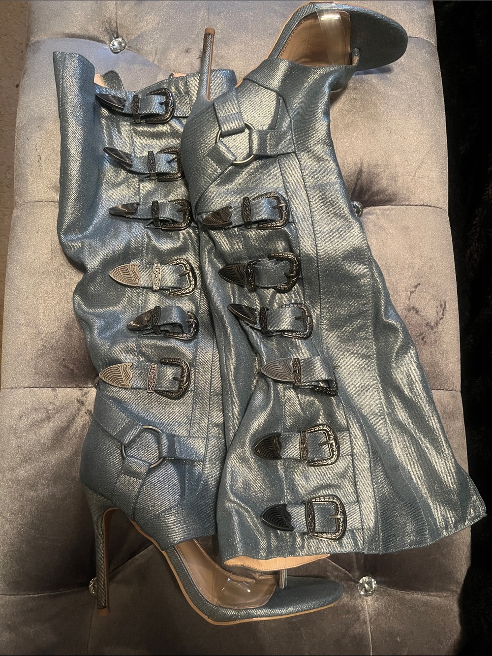 Metallic Silver Buckle Knee-High Stiletto Boots